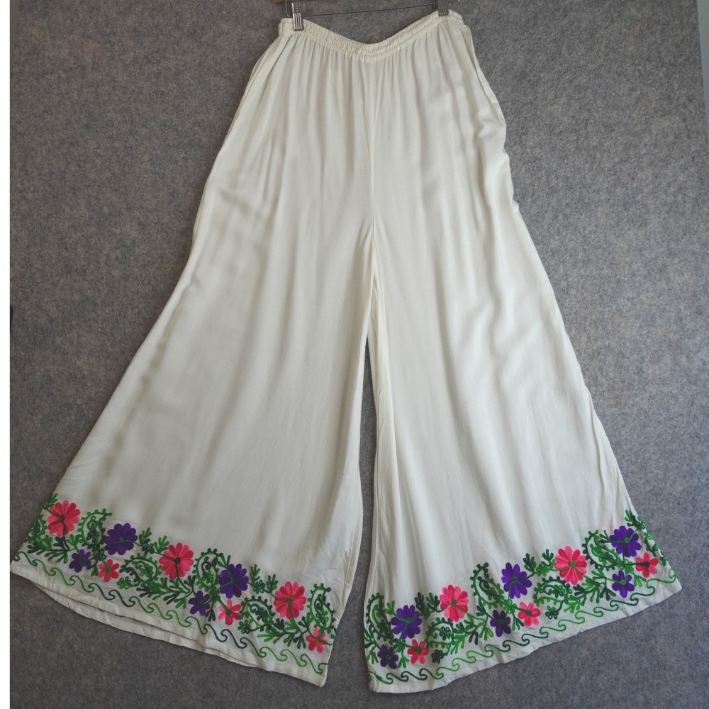 Vintage Embroidered Wide Leg Palazzo Pants Ivory Floral Boho Beachy Flowy Large